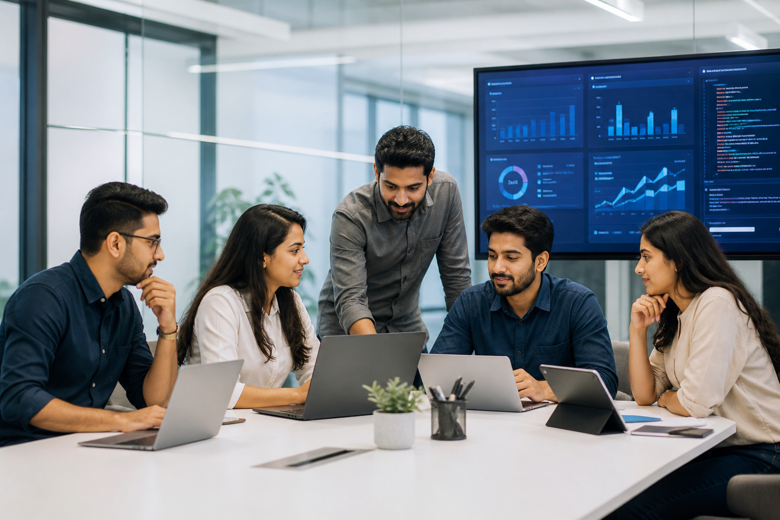 Technology professionals collaborating in a modern office